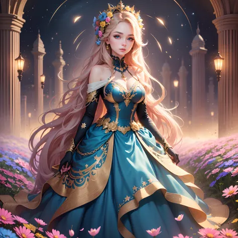 Generate an imaginative artwork of a girl using Midjourney. She is a young girl with long golden hair and bright blue eyes. She is wearing a gorgeous blue gown adorned with sparkling stars. She stands in a vibrant flower meadow, surrounded by blooming flow...