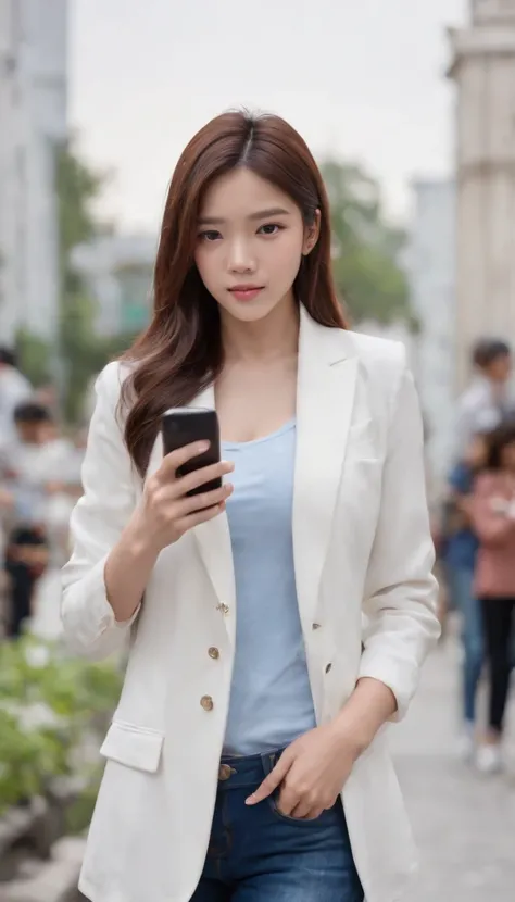 Reality drama scene shoot, street event, blue shirt, white blazer, blue jeans long pants, receiving good newsi in her cellphone, 19 year old college girl, cute girl, beautiful girl, indonesian model, white healthy skin, delicate eyes,  double eyelids, earr...