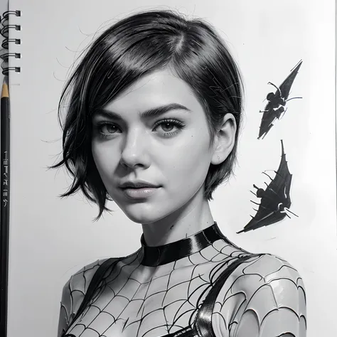 Gwen Stacy (1:1) wearing spider woman suit ( black  and white ) .  Hand drawn sketch .