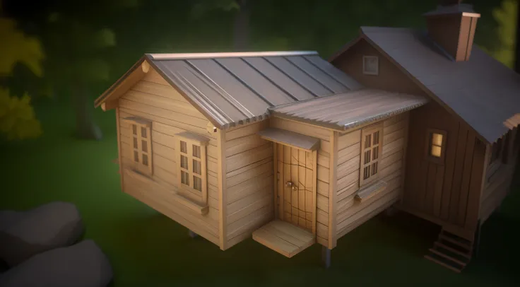 a close up of a small wooden house with a metal roof, low - poly 3 d model, low poly 3d model, wooden house, 3 d render stylized, wooden cottage, realistic 3d model, rendered on unreal 3 d, rendered with substance designer, low quality 3d model, rendered i...