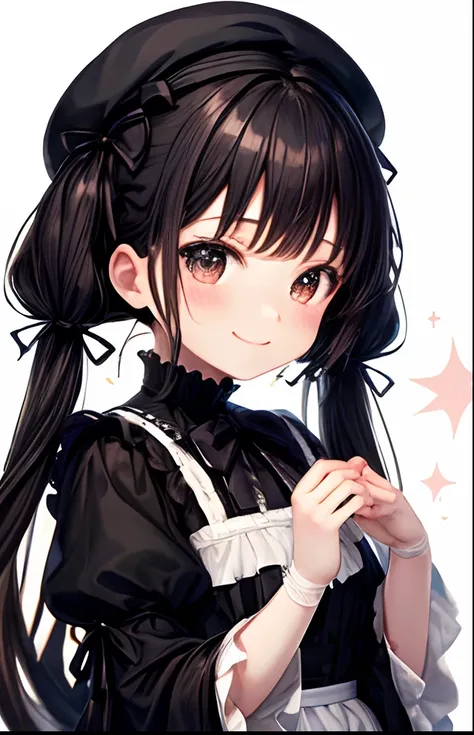 girl with、No background、without background、Background through、Black hair、A dark-haired、Black eyes、Black eyes、Small twin tails on top、Small double knot、half up、White beret、beret、bow ribbon、frilld、Gothic lolita、Lolita Fashion、Heavy dresses、White dress、robe b...