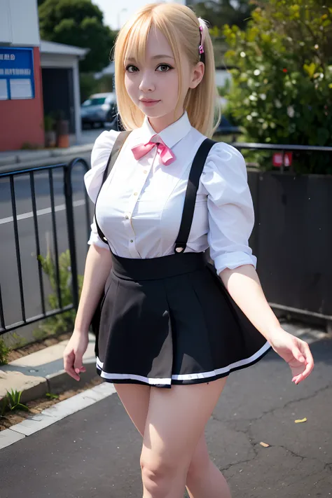 blonde hair woman in short skirt and blouse walks down the street, lift the hem of the skirt with both hands to show the white p...