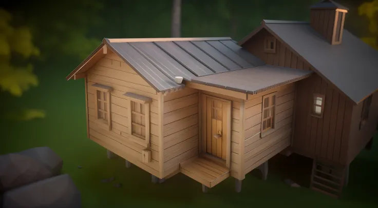 a close up of a small wooden house with a metal roof, low - poly 3 d model, low poly 3d model, wooden house, 3 d render stylized, wooden cottage, realistic 3d model, rendered on unreal 3 d, rendered with substance designer, low quality 3d model, rendered i...