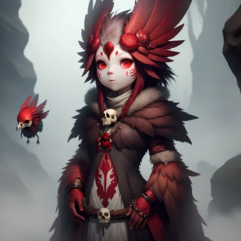 Fantasy species, short, thick red skin, wearing a bird skull on head, pearl eyes, fog pouring from eyes