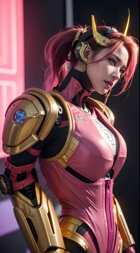 Close-up of robot in pink and gold costume, colorful vivid octane render, cybernetic and highly detailed, loba andrade from apex legends, created in unreal engine 5, made in unreal engine 5, trending on unreal engine 5, anfas portrait of a mech warrior, fa...