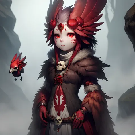 Fantasy species, short, thick red skin, wearing a bird skull on head, pearl eyes, fog pouring from eyes