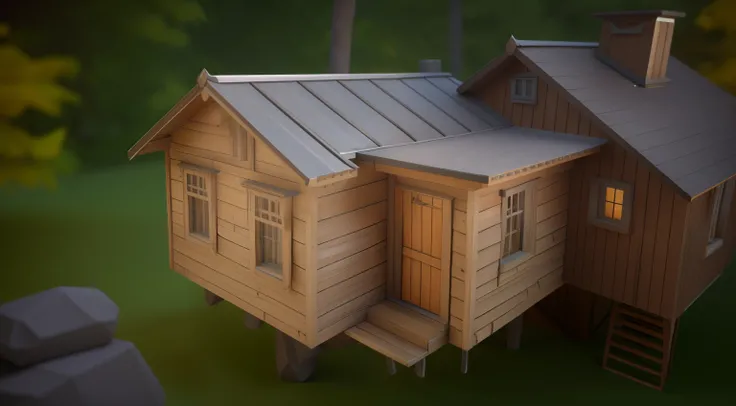 a close up of a small wooden house with a metal roof, low - poly 3 d model, low poly 3d model, wooden house, 3 d render stylized, wooden cottage, realistic 3d model, rendered on unreal 3 d, rendered with substance designer, low quality 3d model, rendered i...