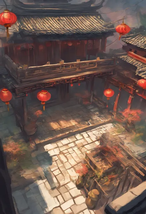 Overhead view of the patio，China-style