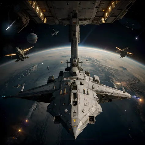 spaceships flying over the earth in space with a view of the earth, star citizen digital art, wide shot of a spaceship battle, stardestroyer in the background, spaceships flying above, spaceships flying around, sulaco star destroyer drop ship, spaceships f...