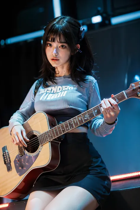 masterpiece, best quality，1girll，a cyborg, cyberpunk woman playing an electric guitar，on a stage