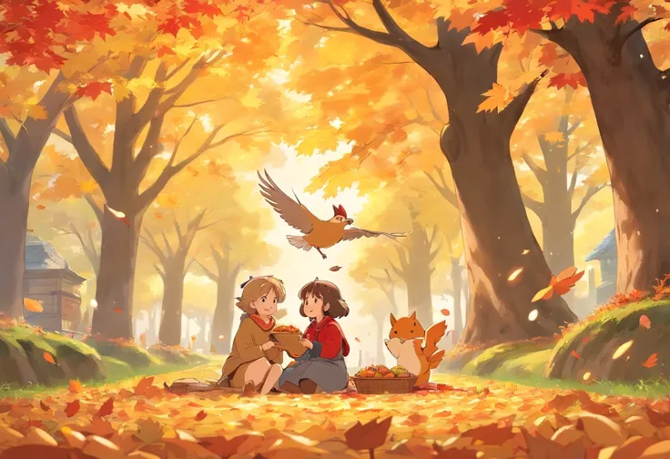 Fall season, maple trees around leafs in the air, cappybara sitting with a bird on top of it, happy, picnic