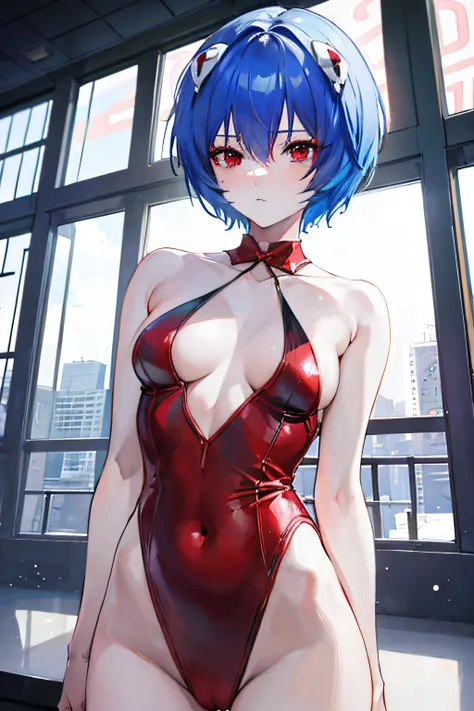 rei ayanami, blue hair, short hair, (red eyes:1.5),at the casino,bunny suit,nsfw,skined exposed,sexy pose,1 girl,best quality,shy face