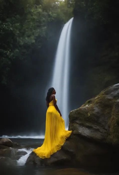 Mulher Negra, dressed in bright yellow dress bathing in the waterfall just like the orixá oxum