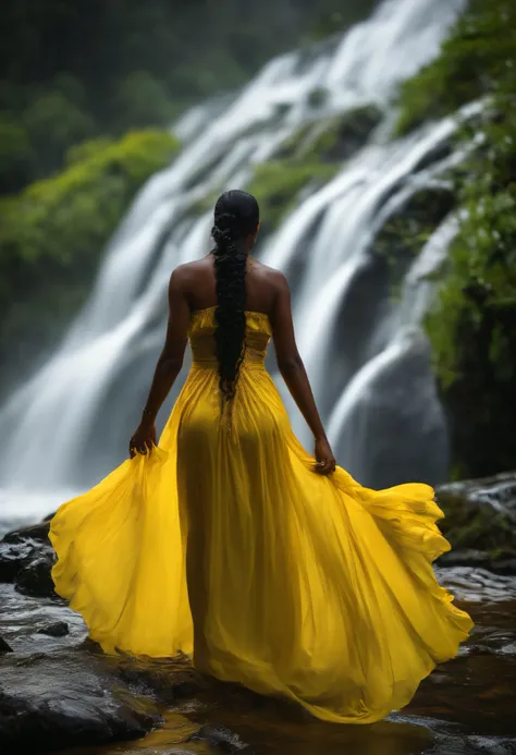 Mulher Negra, dressed in bright yellow dress bathing in the waterfall just like the orixá oxum