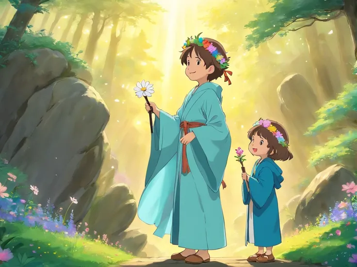 Wear beautiful robes，Wearing a flower crown on his head，With a smile on his face。The fairy who still holds this magic wand in her hand is affectionate with the little boy，Little girl talking。They were standing on a huge boulder