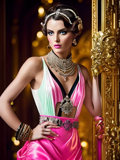 (masterpiece) A stunning image of a insanely stunning modern-day aristocrat with a twist of rococo extravance, reminiscent of Tamara de Lempicka’s Art Deco elegance. Incorporated bold neon lights to highlight the intricate rococo details, casting a mesmeri...