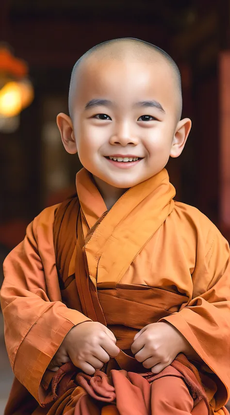 A young monk dressed in a monks robe，had his hands folded，sit with legs crossed，Smile at the camera