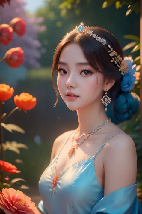 Close-up of a woman wearing a light blue slip dress necklace, Chinese style, Chinese girl, Beautiful character painting, Guviz-style artwork, Palace ， A girl in Hanfu, Beautiful rendering of the Tang Dynasty, Realistic anime 3 D style, trending on cgstatio...