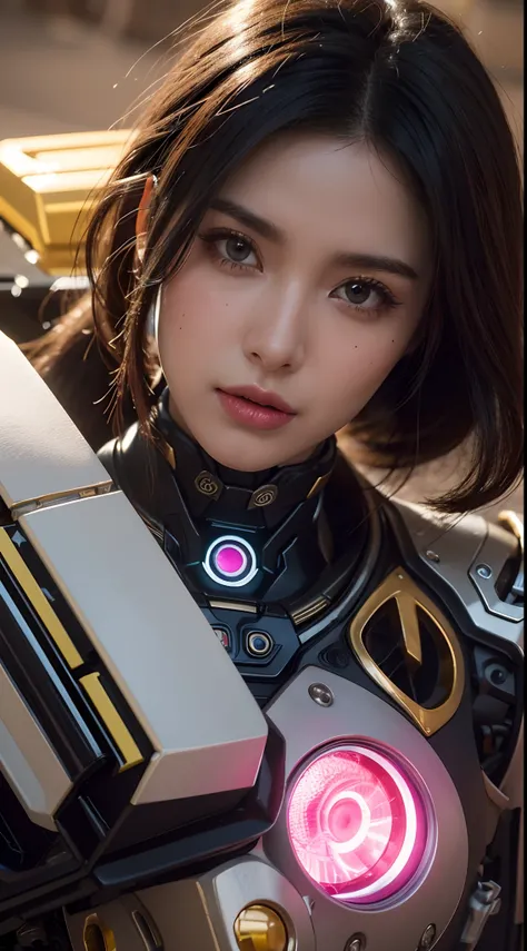 Close-up of robot in pink and gold costume, colorful vivid octane render, cybernetic and highly detailed, loba andrade from apex legends, created in unreal engine 5, made in unreal engine 5, trending on unreal engine 5, anfas portrait of a mech warrior, fa...