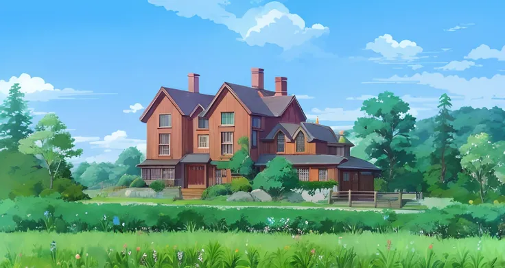 casa estilo anime com um grande gramado e uma cerca, arte de fundo do anime, fundo da casa, paisagem campestre anime, peaceful wooden mansion, anime scenery concept art, random background scene, Ghibli Studio Style, style of madhouse studio anime, arte con...