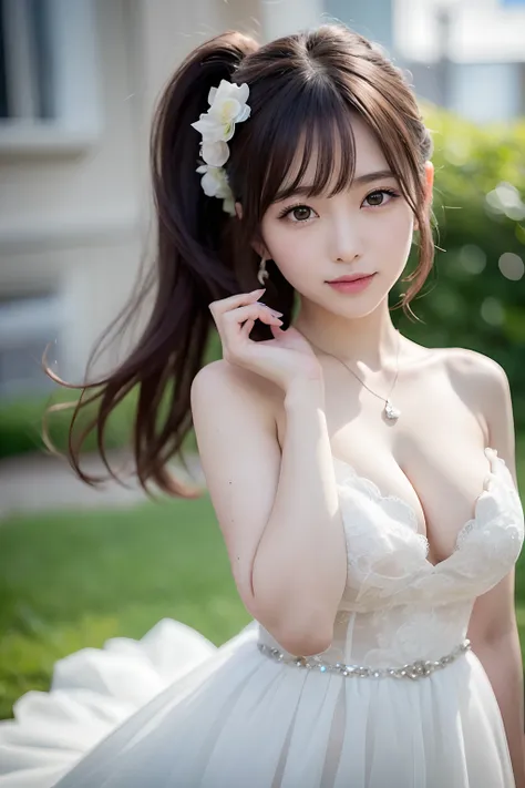 Random posture、(extremely delicate and beautiful work)、(​masterpiece)、One girl、Highly detailed and elegant（（Wedding Dresses））、tiarra、A highly detailed、Warped ponytail、A smile、Beautiful and clear eyes、Green pupil、delicate necklaces、Delicate earrings、Simple ...