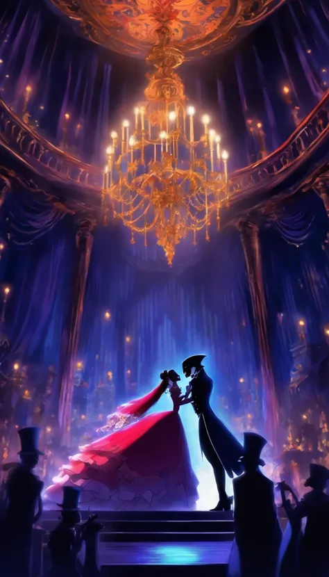 Musical illustration、Phantom of the Opera in the style of Tim Burton、The scene where the Phantom and Christine look at each other on the opera stage