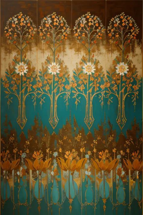 a grove of four art pieces of flowers canvas art print, ocher and turquoise colors, canvas art, gold and teal color scheme paintings, abstract liquid acrylic art, teal and orange colours, flowers and gold, teal and orange colors, varying art styles, decora...