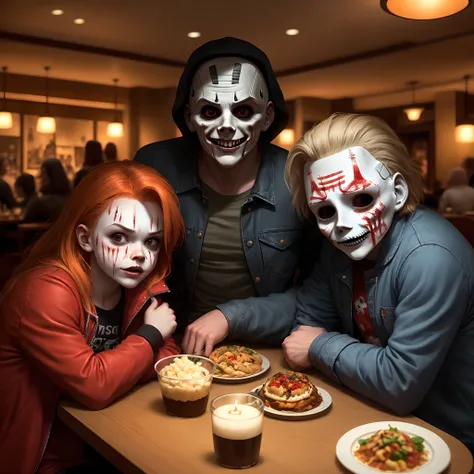 Chucky, Jason, Michael Myers, ghost face, Freddy Kruger and more icon slashers hanging out at a restaurant