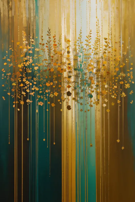 a grove of four art pieces of flowers canvas art print, ocher and turquoise colors, canvas art, gold and teal color scheme paintings, abstract liquid acrylic art, teal and orange colours, flowers and gold, teal and orange colors, varying art styles, decora...