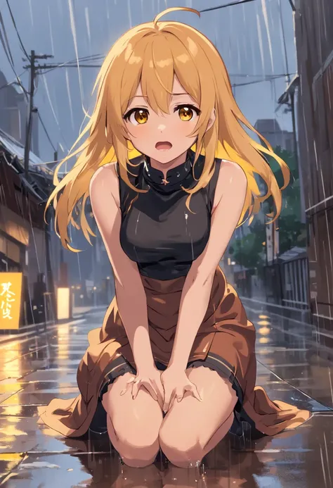 screaming in the rain,tears, long hair, bangs, (brown eyes:1.7), (yellow hair:1.5),[[[masive breasts]]],[[curvilinear body]],[[perfect body]],[[perfect face]],[[perfect eyes]], [[[milf body]]],blunt bangs, (two side up:1.5), red,BREAK thighhighs, dress, je...