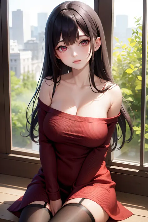 top-quality、​masterpiece、Yol Brier　A dark-haired、Longhaire、side locks、shairband、Pattsun bangs、Lots of bangs　sharp eye、big eye、Beautiful skin、beautiful countenance、Red Eyes　off shoulders、Red Sweater Dress、耳Nipple Ring、pantyhose　Adult Pose　Background with、wi...