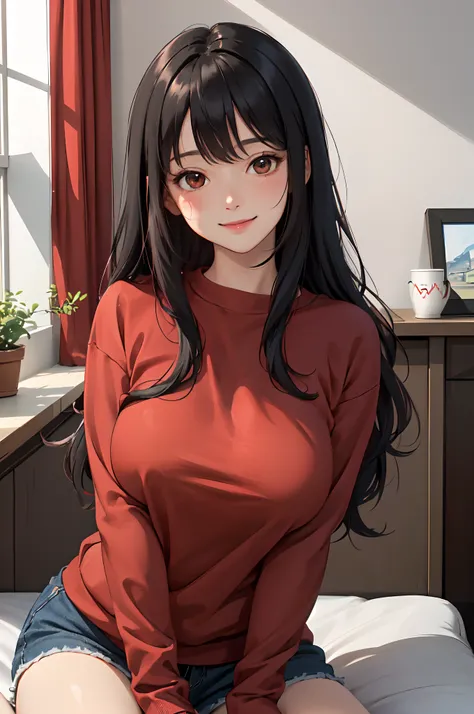 1lady solo, mature female, /(simple red sweatshirt/), /(black hair/) bangs, blush kind smile, (masterpiece best quality:1.2) delicate illustration ultra-detailed, large breast, /(modern house indoors/)