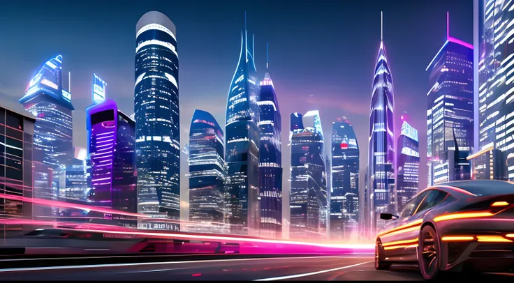 Style: Concept art. The scene: Futuristic cityscapes with towering skyscrapers and sleek aerodynamic vehicles speeding through the air. High-resolution OLED GUI interfaces in the building&#39;s windows are filled with transparent data visualization infogra...