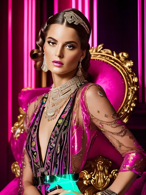 (masterpiece) A stunning image of a insanely stunning modern-day aristocrat with a twist of rococo extravance, reminiscent of Tamara de Lempicka’s Art Deco elegance. Incorporated bold neon lights to highlight the intricate rococo details, casting a mesmeri...