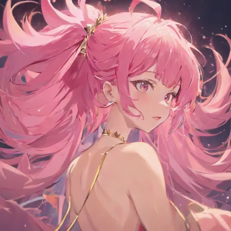 ((masterpiece))(ultra detailed)pink hair, long hair, good hair, double ponytail, light green skin, seductress, small breasts, spiked collar, mean, smug, sharp teeth, ahegao, orgasm face, smug, close up, demon girl, tight top, revealing, wolf cut, detailed ...