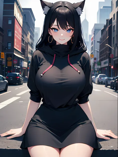 1cat girl, long black hair, blue eyes, wearing plain black large hoodie, black skirt, city, absurdres, high res, ultrasharp, 8k,...