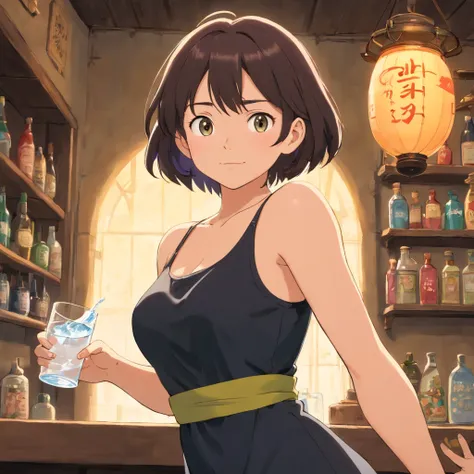 Theres a woman holding a glass of water in her hand, vestido sexy, she is wearing a black tank top, corpo sexy, she is wearing a black dress, vestido justo, corpo quente sexy, tanque preto apertado, usando um vestido preto apertado, .gif, deusa alta e fina...