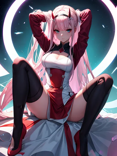 cero dos (Sweetheart in Franxx), Sweetheart in Franxx, 1chica, flequillo, mordida, sombra, ojos verdes,4K Eye Resolution,ojos de zero two,hair behind head, cuernos, por el ancho, mirando al espectador, muslos grandes, maquillaje, small breasts, Traje de pi...