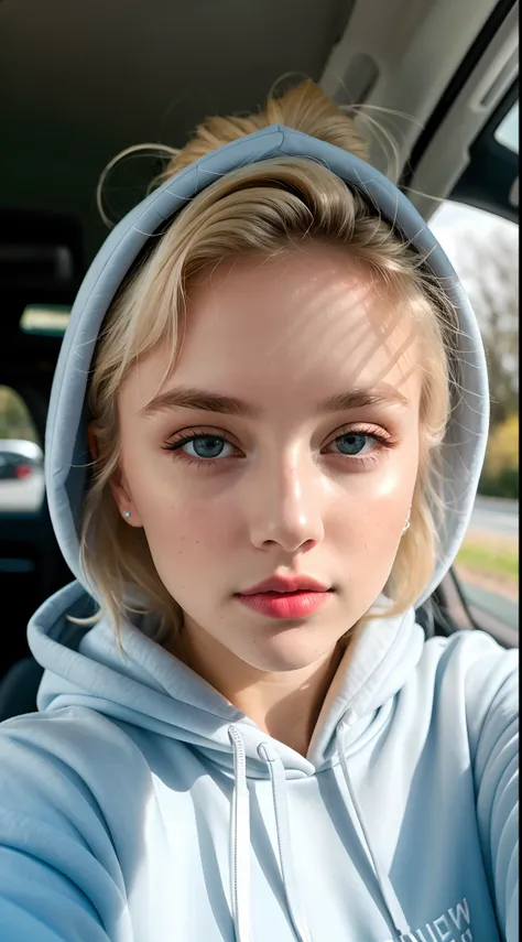 RAW photo, a 22-year-old blonde girl, upper body, selfie in a car, blue hoodie, inside a car, driving, lipstick, soft lighting, high quality, highres, sharp focus, extremely detailed, (sunlight on face), beautiful detailed eyes, masterpiece, cinematic ligh...