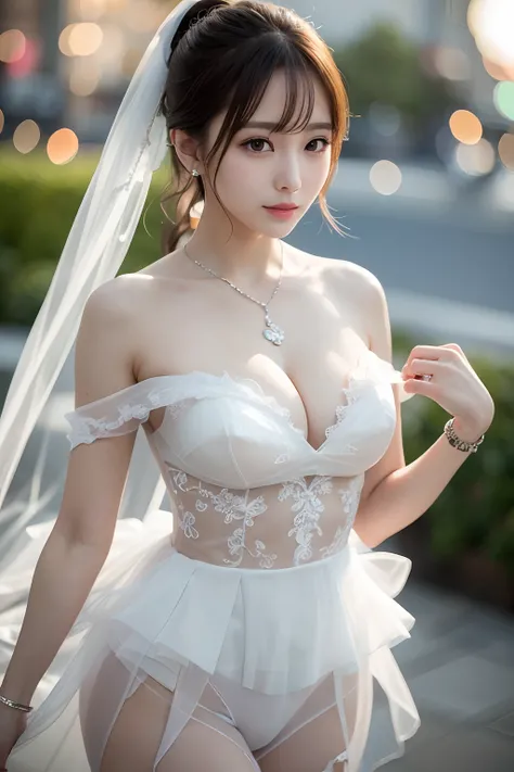 Random posture、(extremely delicate and beautiful work)、(​masterpiece)、One girl、Highly detailed and elegant（（Wedding Dresses））、tiarra、A highly detailed、Warped ponytail、A smile、Beautiful and clear eyes、Green pupil、delicate necklaces、Delicate earrings、Simple ...