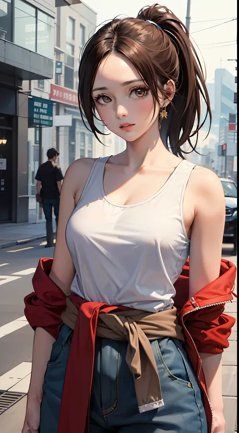 absurdres, best quality, 1girl, solo, looking at viewer, eye focus, chell, ponytail, tank top, clothes around waist, brown hair, brown eyes