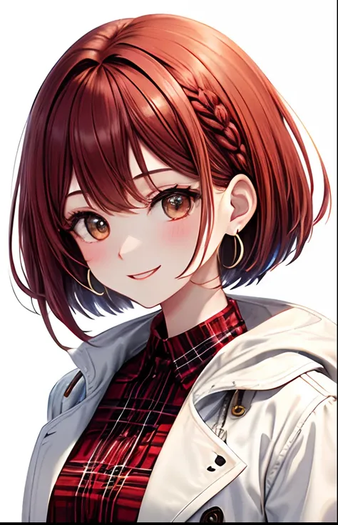 girl with、No background、without background、Background through、Red-brown hair、Red hair、bob cuts、The long-haired、Braiding、Brown plaid dress、Plaid dress、White coat、White coat、Glitter、kirakira、White earrings、White earrings、A smile、kawaii、