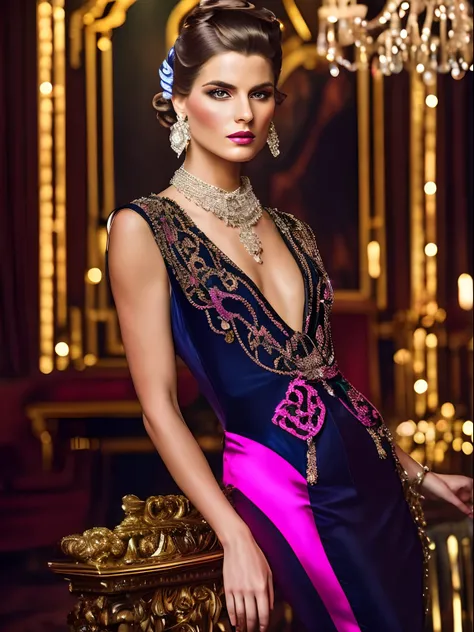 (masterpiece) A stunning image of a insanely stunning modern-day aristocrat with a twist of rococo extravance, reminiscent of Tamara de Lempicka’s Art Deco elegance. Incorporated bold neon lights to highlight the intricate rococo details, casting a mesmeri...