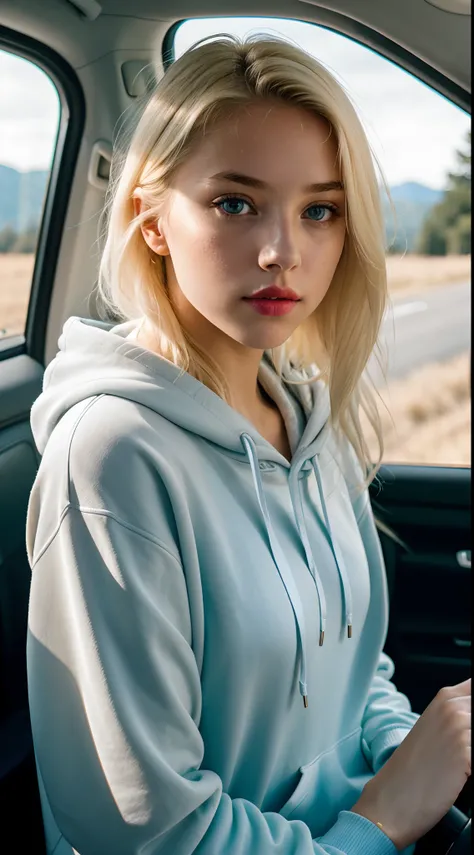 RAW photo, a 22-year-old blonde girl, upper body, selfie in a car, blue hoodie, inside a car, driving, lipstick, soft lighting, high quality, highres, sharp focus, extremely detailed, (sunlight on face), beautiful detailed eyes, masterpiece, cinematic ligh...