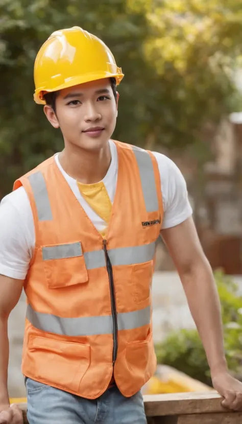 Project background shoot, Garden construction, well drilling construction work on the garden, a male construction worker (handsome construction guy, Indonesian male model, wearing construction vest, wearing yellow construction helmet) is talking to a beaut...