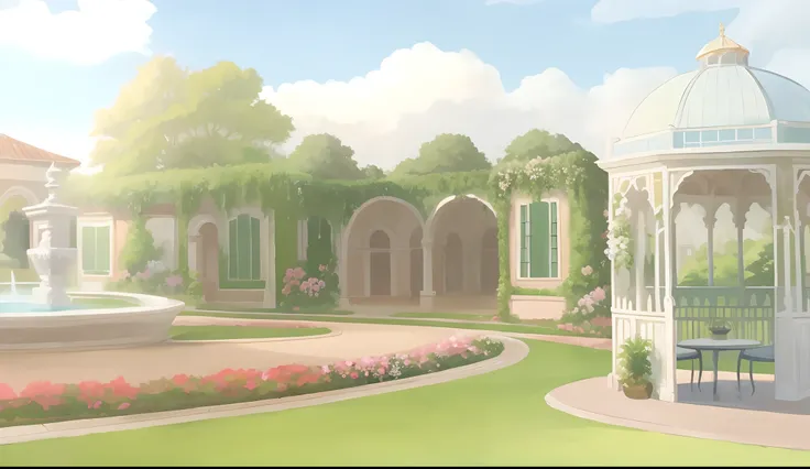 There is a gazebo in the middle of a garden with a fountain, Fundo do jardim real, palace background, Arte de fundo, arte de fundo do anime, anime scenery concept art, arte de fundo, anime scenery, Fundo do anime, beautiful anime scenery, fundo do jardim, ...