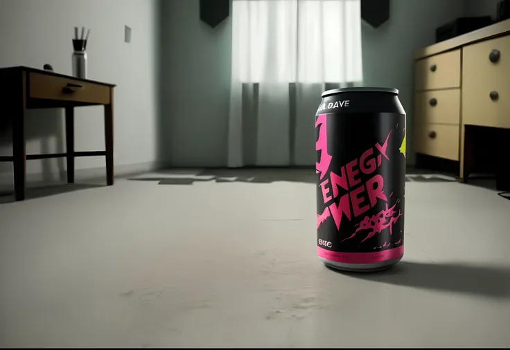 There is an energy drink in a dark and eerie room