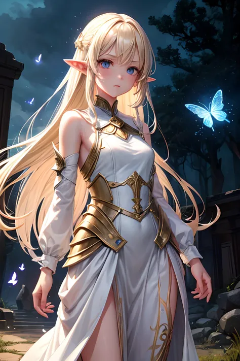 1girl、Cowboy shot of a beautiful elf mage、thin skin、blonde hair blown in the wind、long pointy ears、Simple armored dress、Read glowing books、corolla、glowing butterflies、the woods、ruins、a moon、Stereoscopic lighting、top-quality、​masterpiece、verd s eyes、radiant...