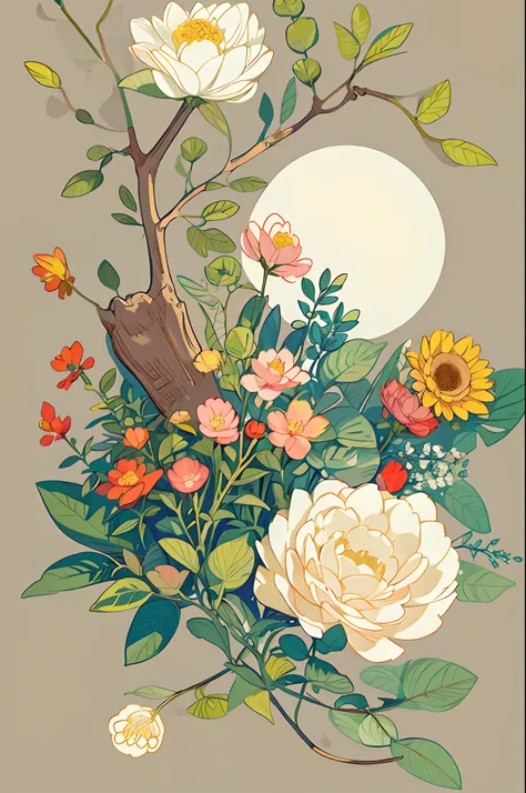 slight vintage color,planar,,riso print style,illustration,adolable,leave white space,low-saturation,lots of flowers，individuall...