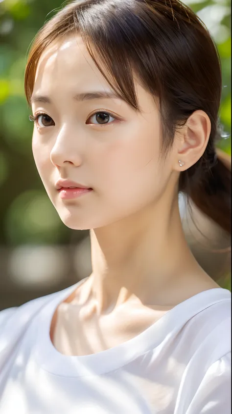 (masutepiece:1.3)Beautiful Japan Beauty,Beautiful face,(Face like the real thing),Beautiful delicate eyes,Realistic eyes,Beautiful skin,Realistic skin texture(realskin)Beautiful skin,profetional lighting,Top ponytail,white t-shirts,middlebreast,hight resol...